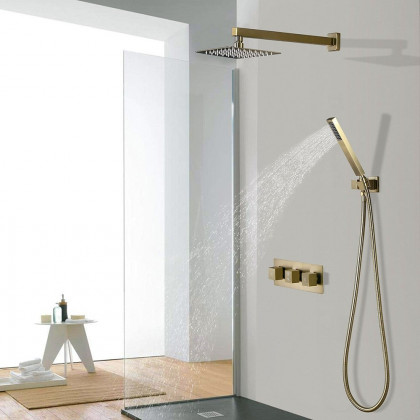 HMR - Wall Mounted 8" Solid Brass Shower System with Hand Shower in Brushed Gold