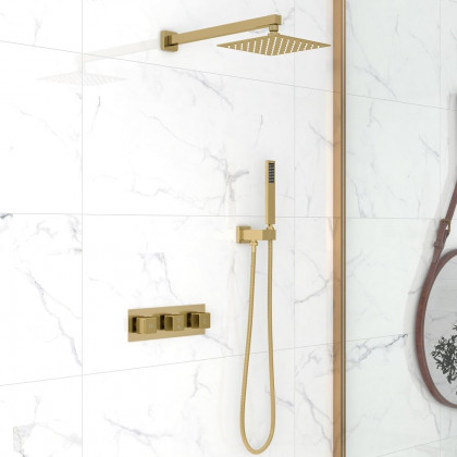 HMR - Wall Mounted 8" Solid Brass Shower System with Hand Shower in Brushed Gold