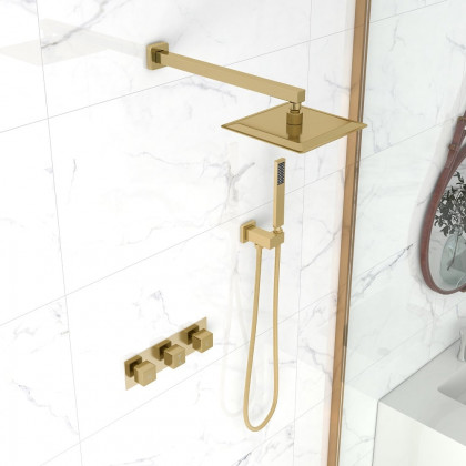 HMR - Wall Mounted 8" Solid Brass Shower System with Hand Shower in Brushed Gold