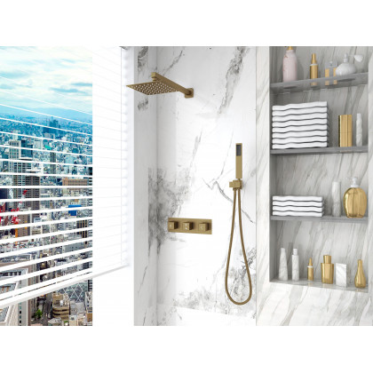 HMR - Wall Mounted 8" Solid Brass Shower System with Hand Shower in Brushed Gold