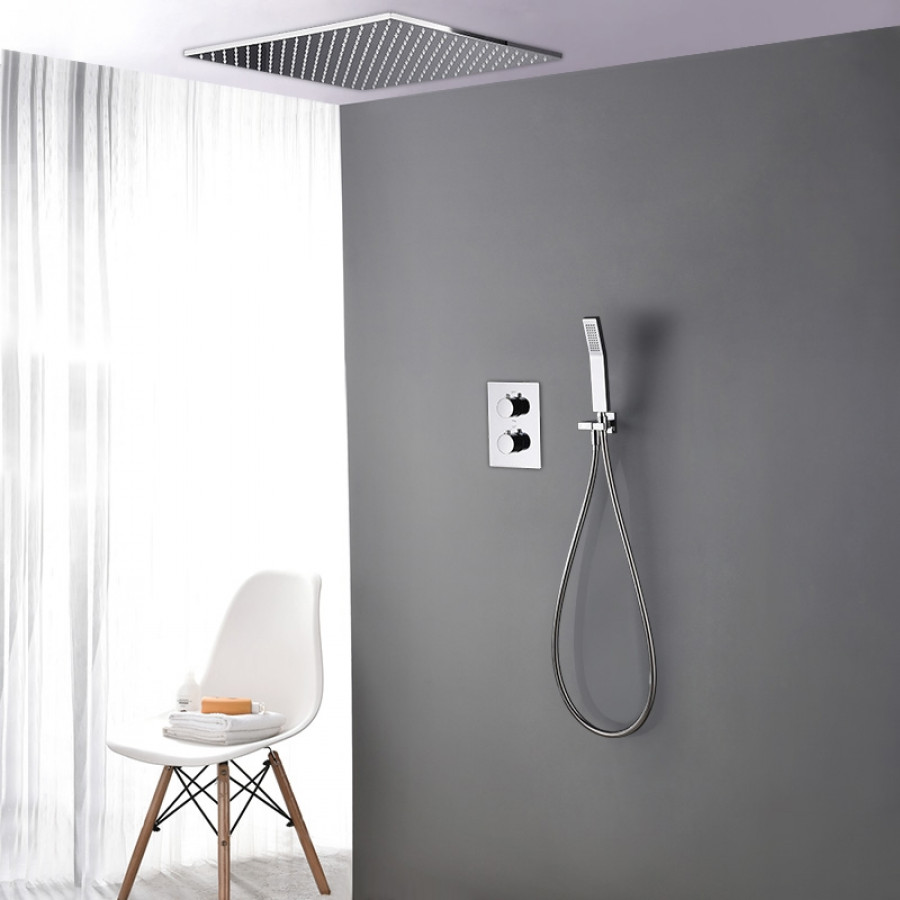 HMR - Thermostatic Solid Brass Rain Shower System with Hand Shower in 16", Polished Chrome