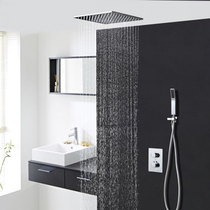 HMR - Thermostatic Solid Brass Rain Shower System with Hand Shower in 16", Polished Chrome