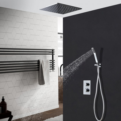 HMR - Thermostatic Solid Brass Rain Shower System with Hand Shower in 16", Polished Chrome