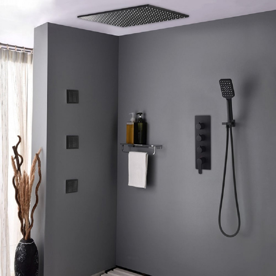 HMR 16" Standard Shower System with Hand Shower and 3 Body Jets - Black