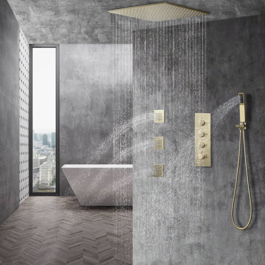HMR - Thermostatic Shower System with Hand Shower and 3 Body Jet Sprays in Brushed Gold