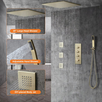 HMR - Thermostatic Shower System with Hand Shower and 3 Body Jet Sprays in Brushed Gold