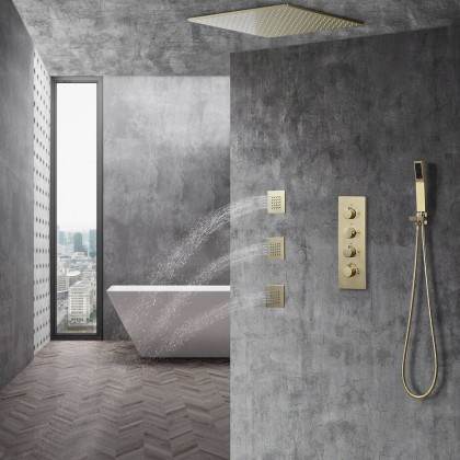 HMR - Thermostatic Shower System with Hand Shower and 3 Body Jet Sprays in Brushed Gold