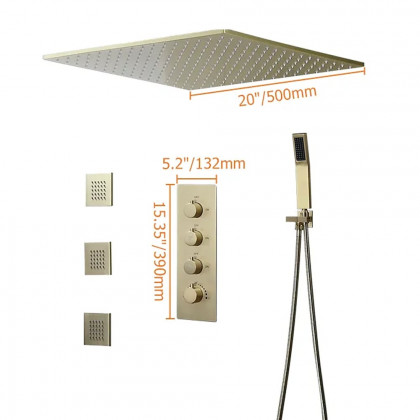 HMR - Thermostatic Shower System with Hand Shower and 3 Body Jet Sprays in Brushed Gold