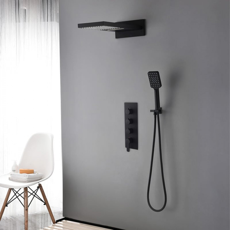 HMR - Wall Mounted Waterfall Shower System Solid Brass with Handheld Shower in Matte Black
