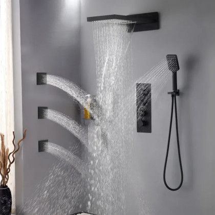HMR - Wall Mounted Waterfall Rain Thermostatic Shower System with 3 Body Sprays