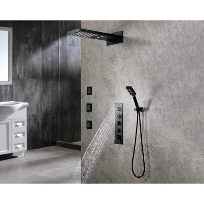 HMR Wall Mounted Waterfall Rain Thermostatic Shower System with 3 Body Sprays - Matte Black