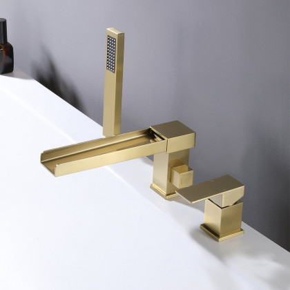 HMR - Mill Deck-Mount Waterfall Faucet with Handshower in Brushed Gold