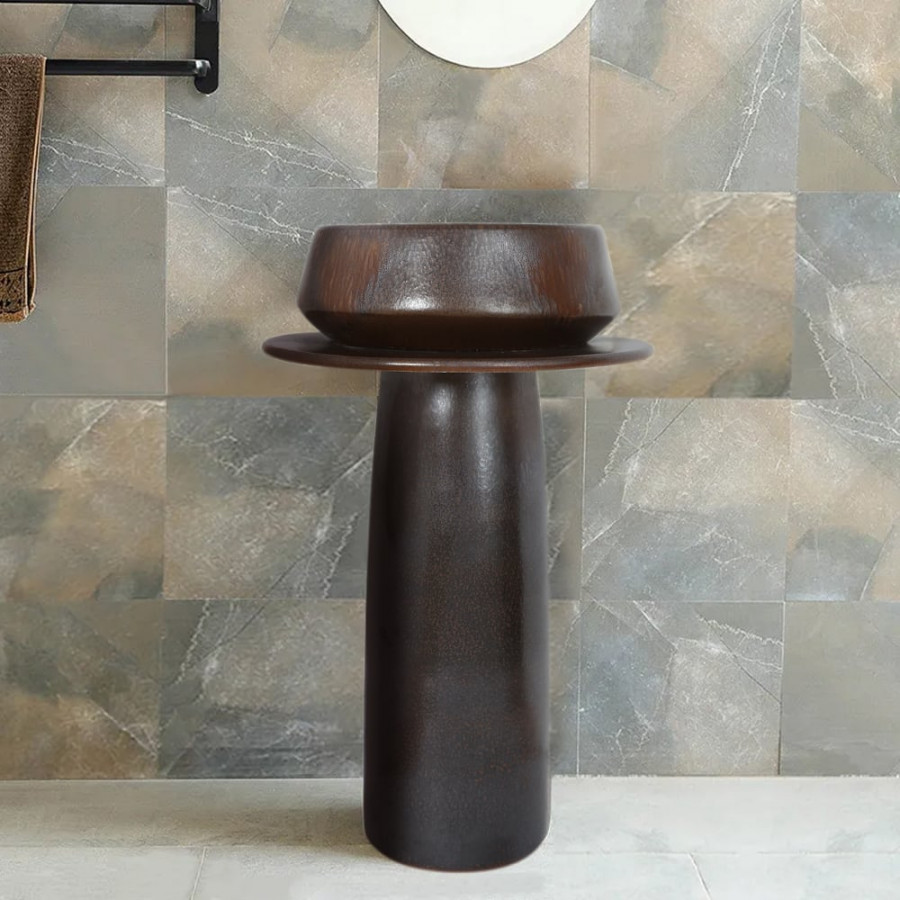HMR - Vintage Retro Kaolin Clay Pedestal Sink Freestanding Bathroom Sink in Antique Brass
