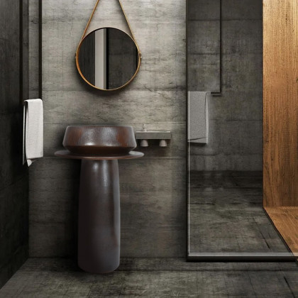 HMR - Vintage Retro Kaolin Clay Pedestal Sink Freestanding Bathroom Sink in Antique Brass
