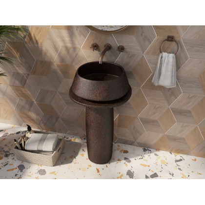 HMR - Vintage Retro Kaolin Clay Pedestal Sink Freestanding Bathroom Sink in Antique Brass