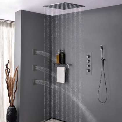 HMR - Flush Mount Shower System with Hand Shower and Body Jets in Thermostatic Shower Valve