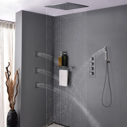 HMR - Flush Mount Shower System with Hand Shower and Body Jets in Thermostatic Shower Valve