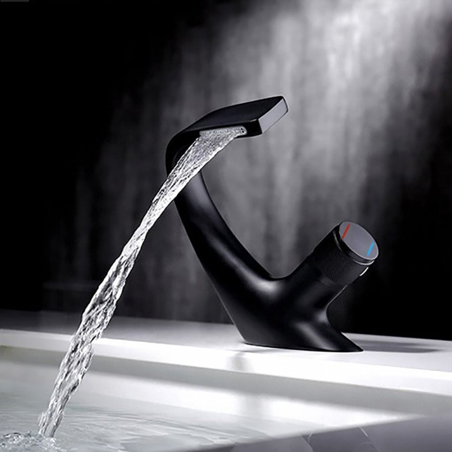 HMR - Contemporary Creative Single Handle 1-Hole Waterfall Bathroom Sink Faucet in Black