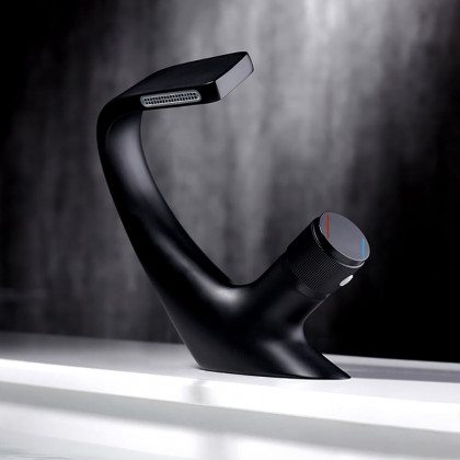 HMR - Contemporary Creative Single Handle 1-Hole Waterfall Bathroom Sink Faucet in Black