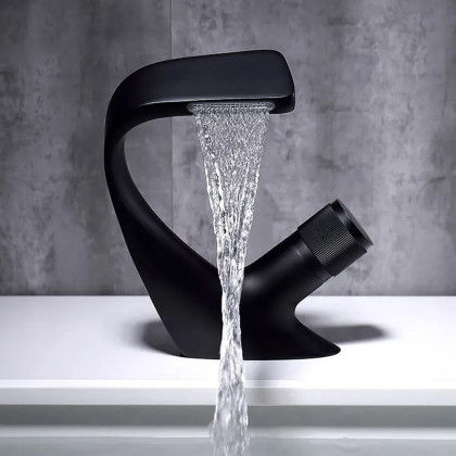 HMR - Contemporary Creative Single Handle 1-Hole Waterfall Bathroom Sink Faucet in Black