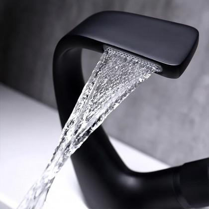 HMR - Contemporary Creative Single Handle 1-Hole Waterfall Bathroom Sink Faucet in Black