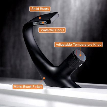 HMR - Contemporary Creative Single Handle 1-Hole Waterfall Bathroom Sink Faucet in Black