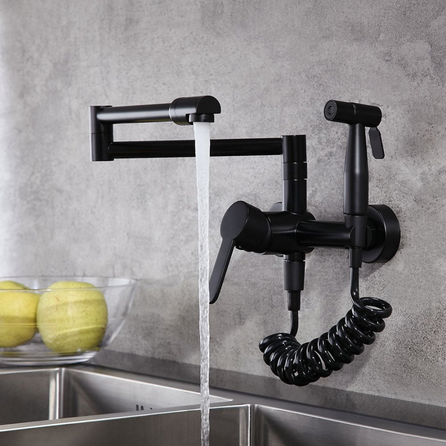 HMR - Modern Retractable Wall-Mounted Kitchen Faucet with Spray in Black
