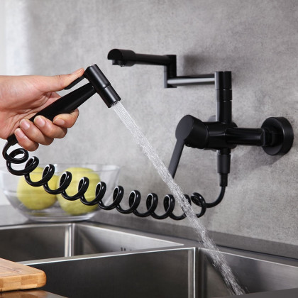 HMR - Modern Retractable Wall-Mounted Kitchen Faucet with Spray in Black
