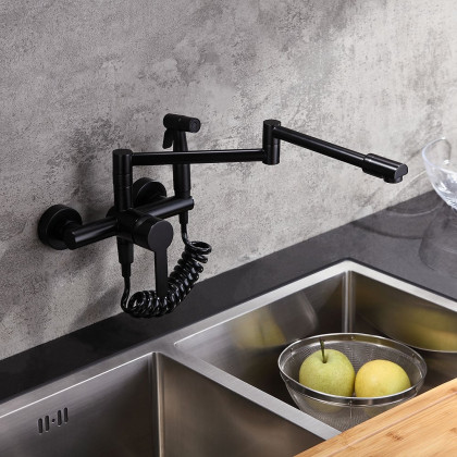 HMR - Modern Retractable Wall-Mounted Kitchen Faucet with Spray in Black