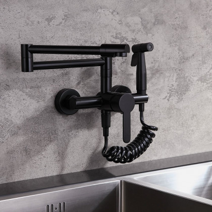 HMR - Modern Retractable Wall-Mounted Kitchen Faucet with Spray in Black