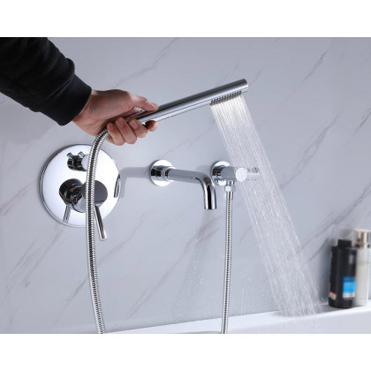HMR Stev Series Modern Wall-Mount Swivel Bathtub Filler Faucet with Handshower - Polished Chrome