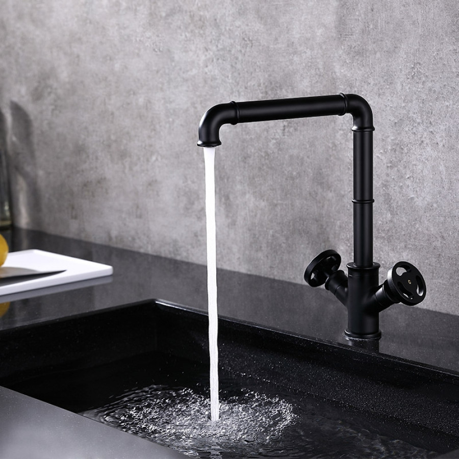 HMR - Ruth Industrial Single Hole Double Handle Kitchen Faucet in Black