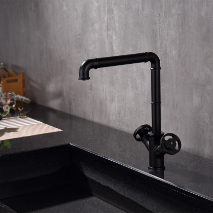 HMR - Ruth Industrial Single Hole Double Handle Kitchen Faucet in Black