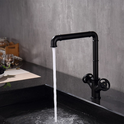 HMR - Ruth Industrial Single Hole Double Handle Kitchen Faucet in Black