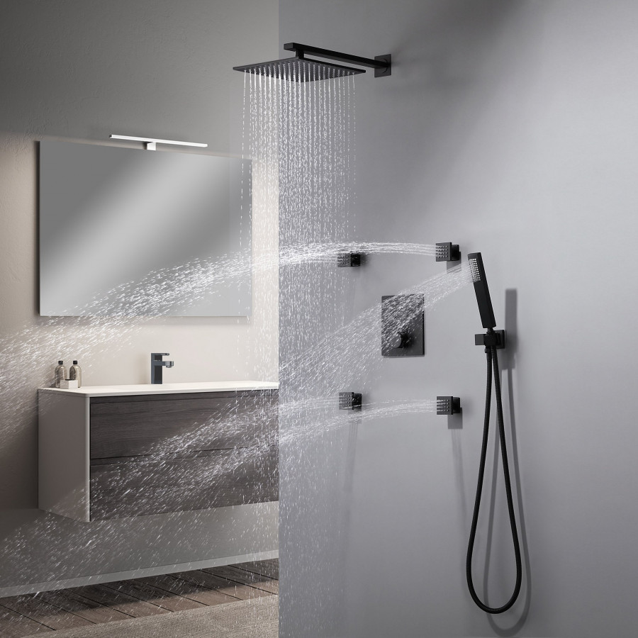 HMR - Black Thermostatic Shower System with 4 Body Jets and Hand Shower in Shower Head 12"