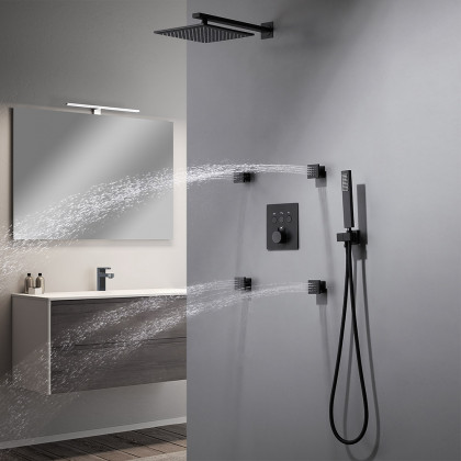 HMR - Black Thermostatic Shower System with 4 Body Jets and Hand Shower in Shower Head 12"