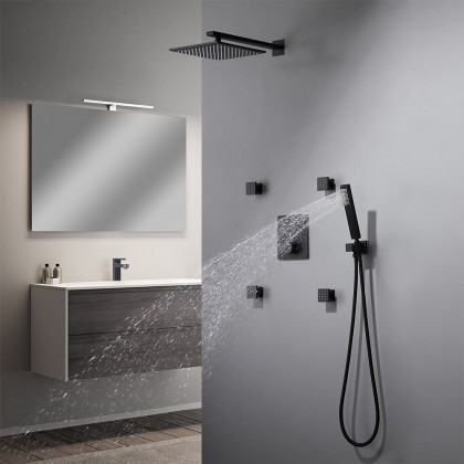 HMR - Black Thermostatic Shower System with 4 Body Jets and Hand Shower in Shower Head 12"