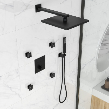 HMR - Black Thermostatic Shower System with 4 Body Jets and Hand Shower in Shower Head 12"