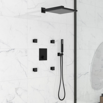 HMR - Black Thermostatic Shower System with 4 Body Jets and Hand Shower in Shower Head 12"