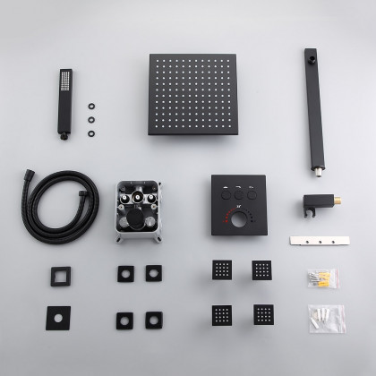 HMR - Black Thermostatic Shower System with 4 Body Jets and Hand Shower in Shower Head 12"