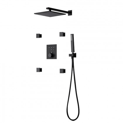 HMR - Black Thermostatic Shower System with 4 Body Jets and Hand Shower in Shower Head 12"