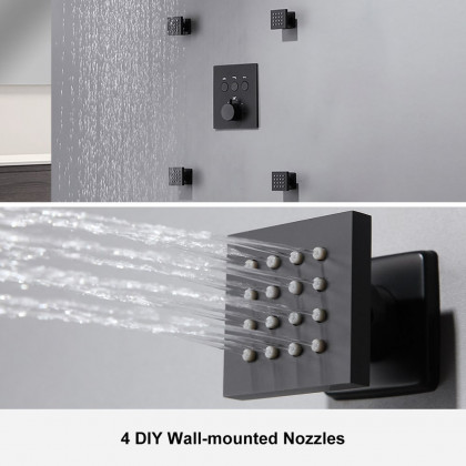 HMR - Black Thermostatic Shower System with 4 Body Jets and Hand Shower in Shower Head 12"