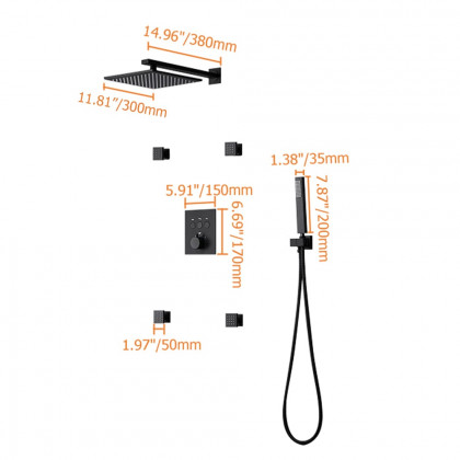 HMR - Black Thermostatic Shower System with 4 Body Jets and Hand Shower in Shower Head 12"