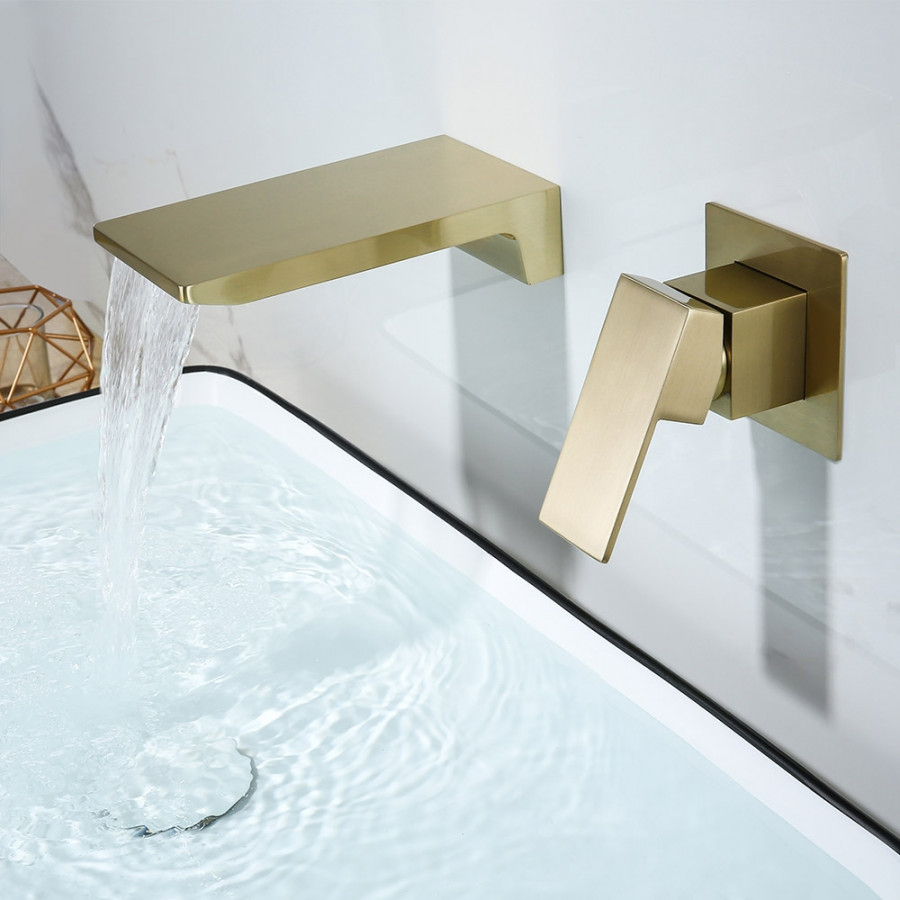 HMR - Waterfall Wall Mounted Sink Faucet Single Handle in Brushed Gold