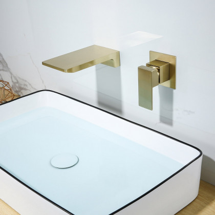 HMR - Waterfall Wall Mounted Sink Faucet Single Handle in Brushed Gold