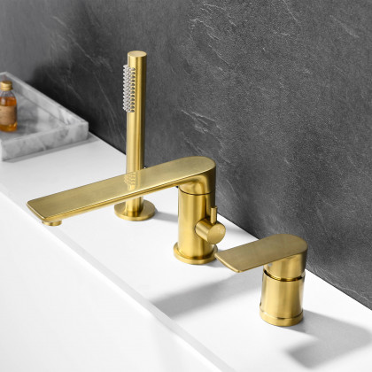 HMR - Brushed Deck-Mount Roman Bathtub Filler Faucet in Gold, Brass