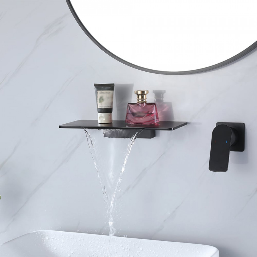 HMR - Single Handle Wall Mount Bathroom Sink Faucet Solid Brass in Black