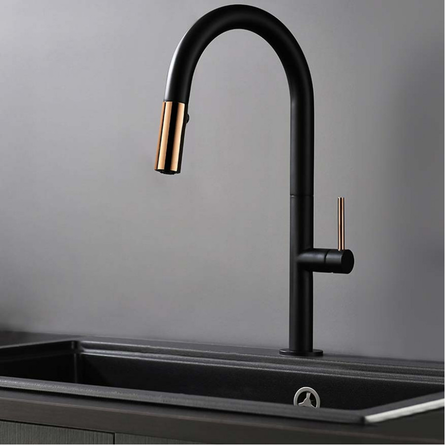 HMR Pull Down Standard Kitchen Faucet with Double Function Handle - Black/Rose Gold