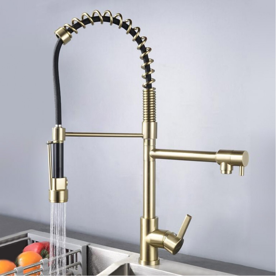 HMR - Pull Out Double Spout Kitchen Faucet with Double Function in Brushed Gold