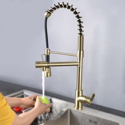 HMR - Pull Out Double Spout Kitchen Faucet with Double Function in Brushed Gold